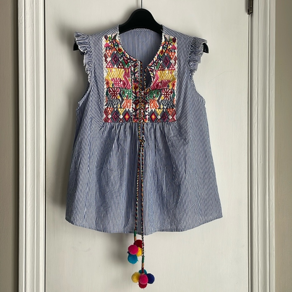 Cotton Pinstripe Popover Top with Pom Pom Ties